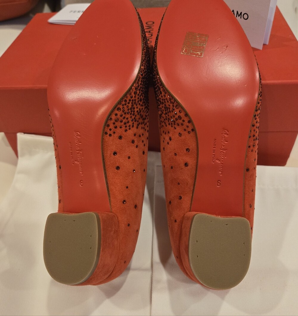 Salvatore Ferragamo Crystal-Embellished Suede Red Pumps Size 6 NWB - Picture 10 of 16